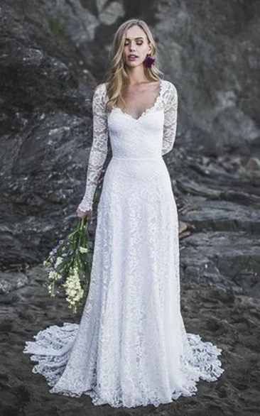 Long Sleeve Sexy A-line Lace Wedding Dress With V-neck And Keyhole