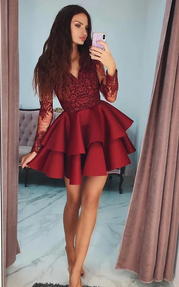 Casual A Line Satin Lace V-neck Long Sleeve with Ruffles Homecoming Dress