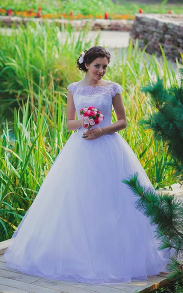 Bateau Neck Cap Sleeve Tulle Ball Gown With Lace Bodice