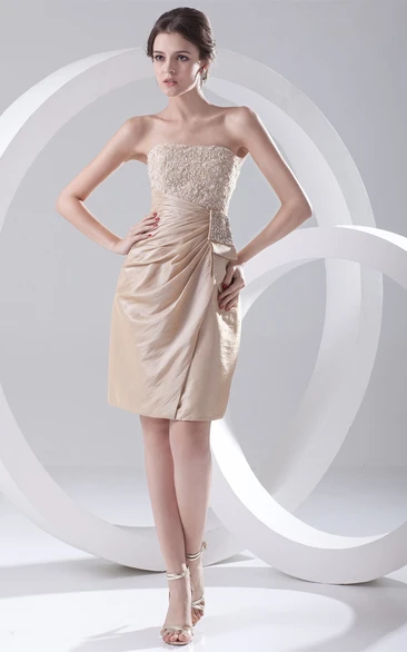 strapless mini fitted dress with side draping and appliques