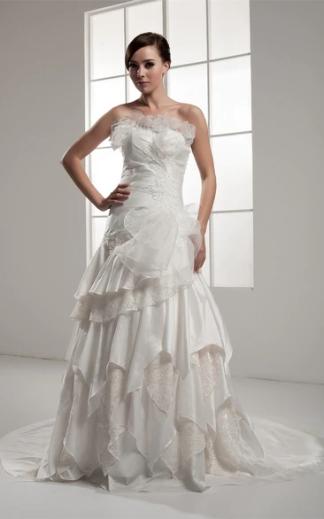 Strapless Ruched A-Line Dress with Lace and Cascading Ruffles