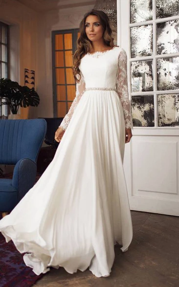 Modest Long Sleeve Western Winter Lace Wedding Dress Elegant A-Line Taffeta Bateau Deep V-Back Bridal Gown