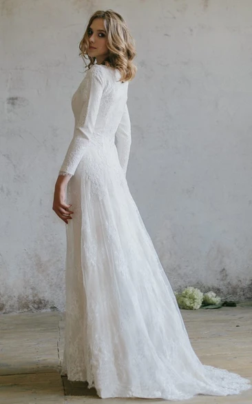 Modest Lace Scoop-neck Wedding Dress with Applique - June Bridals