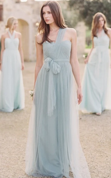 One-Shoulder Long Bowed Tulle Bridesmaid Dress With Ruching