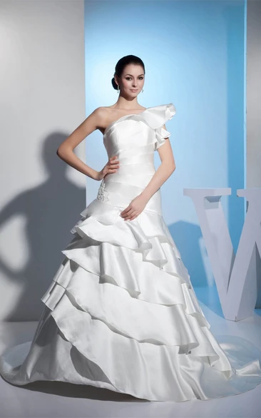 One-Shoulder Ruched A-Line Gown with Tiers and Appliques