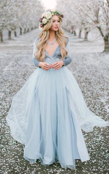 Simple A Line Jersey Tulle V-neck Long Sleeve Prom Dress with Pleats and Split Front