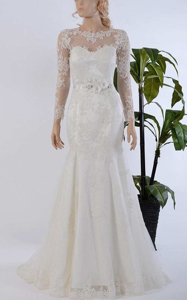Jewel-Neck Lace Long Sleeve Illusion Mermaid Wedding Dress With Sweep Train
