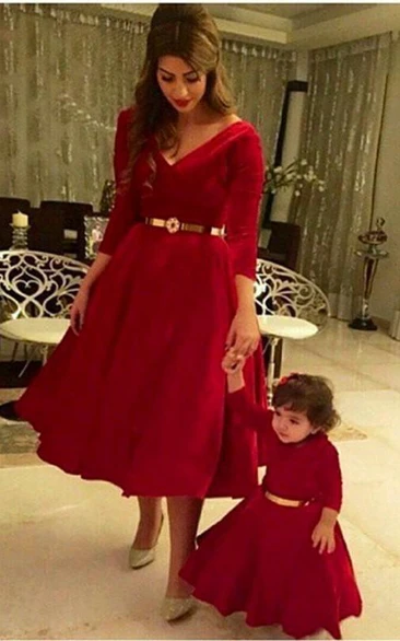 Dramtic 3 4-length-sleeve Red Mother and Daughter Dress Belt