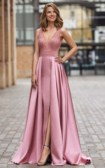Sexy A-Line Plunging Neck Satin Evening Dress with Split Front