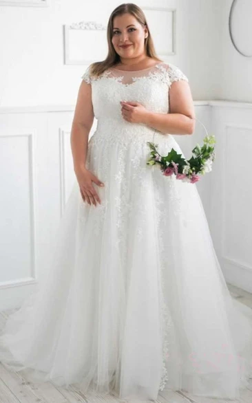Plus Size A Line Tulle Bateau Neck Wedding Dress with Appliques