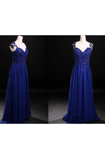 Royal Blue Cap Sleeved Chiffon Dress With Lace Appliques