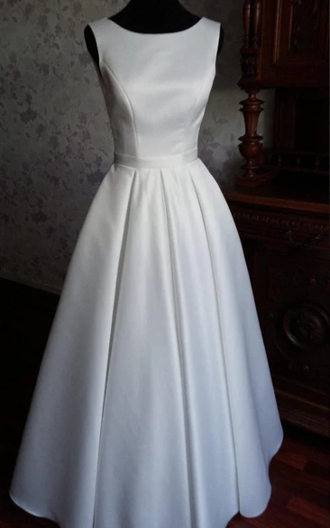 Modern Simple Jewel Neck Sleeveless Long A-Line Satin Wedding Dress