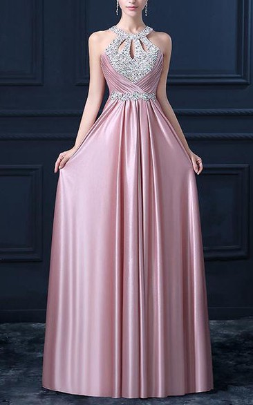 Sleeveless A-line Long Dress with Keyholes and Pleats