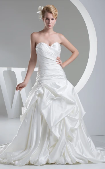 Sweetheart Ruched Pick-Up Gown with Ruffles and Court Train