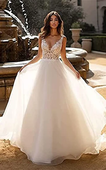 A-Line Chiffon V-neck Wedding Dress Simple Adorable Casual Elegant Romantic Beach Garden With Sleevesless And Appliques