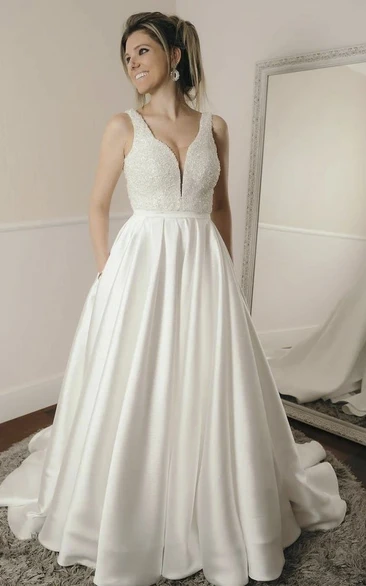 Sleeveless Simple Ballgown Elegant Plunging Beaded Satin Wedding Dress