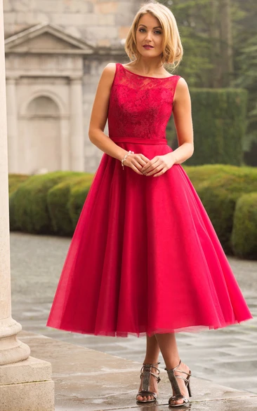 Red tea discount length bridesmaid dresses