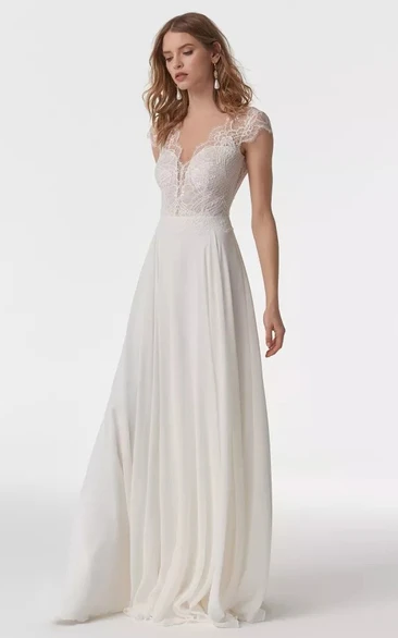 Simple A Line Chiffon Long Sleeve Illusion Cap Wedding Dress with Lace