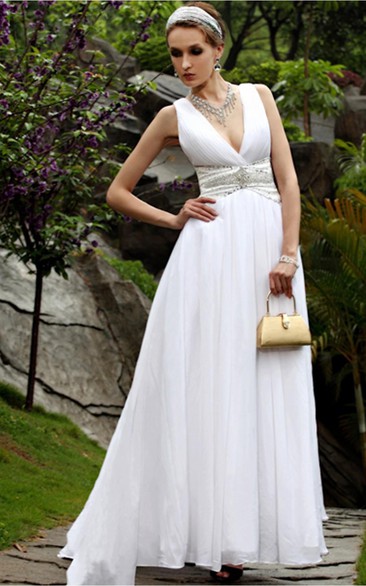 Elegant White A-line Floor-length V-neck Dress