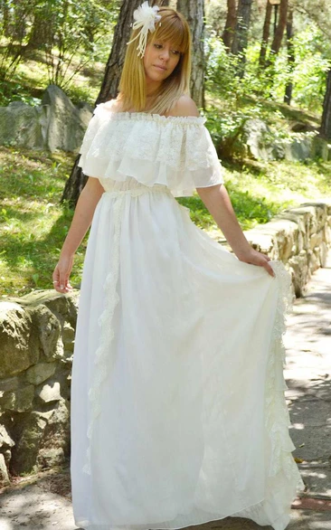 Off-The-Shoulder Short Sleeve Lace Chiffon Wedding Dress With Tiers