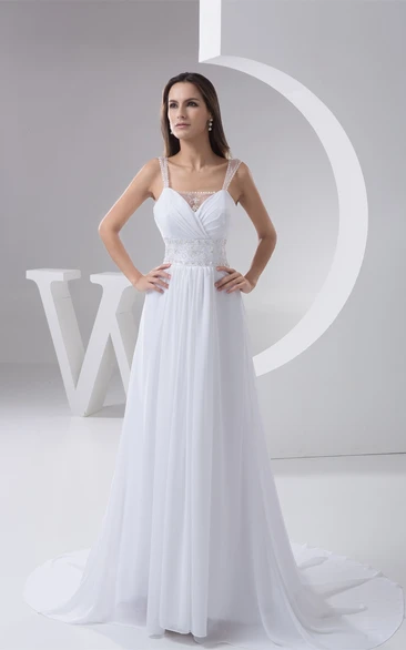 Chiffon Strapped Long Dress with Pleats and Jeweled Waist