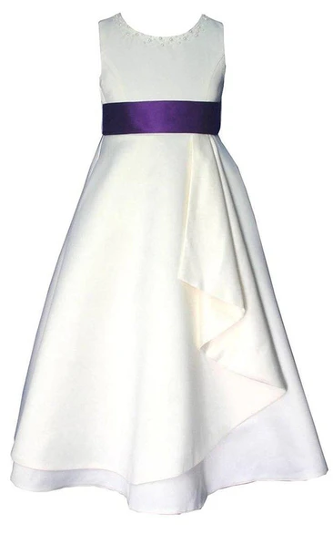 Sleeveless A-line Satin Dress With Beadings and Bow