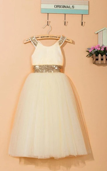 Sleeveless Scoop Tulle Dress With Sequins&Flower