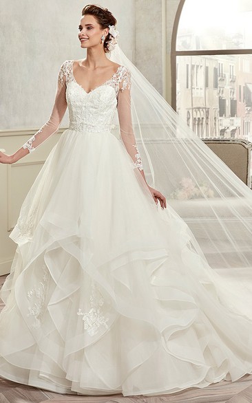 Sweetheart A-Line Ruching Bridal Gown With Long Sleeves And Open Back