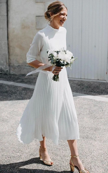 Vintage Modest Long Sleeve Wedding Dress with Pleats Simple Tea-length A-Line High Neck Bridal Gown
