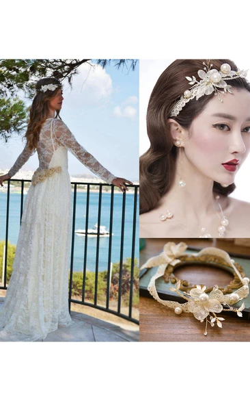 Scoop-Neck Lace Illusion Long Sleeve Wedding Dress With Pleats and Korean Rhinestone Lace Collar Hair Band