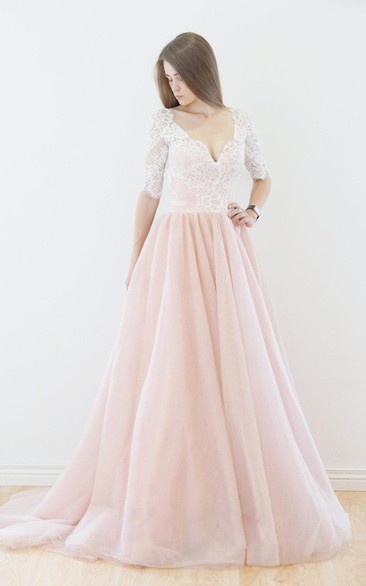 Plunged Lace Half Sleeve A-Line Tulle Wedding Dress With Sweep Train