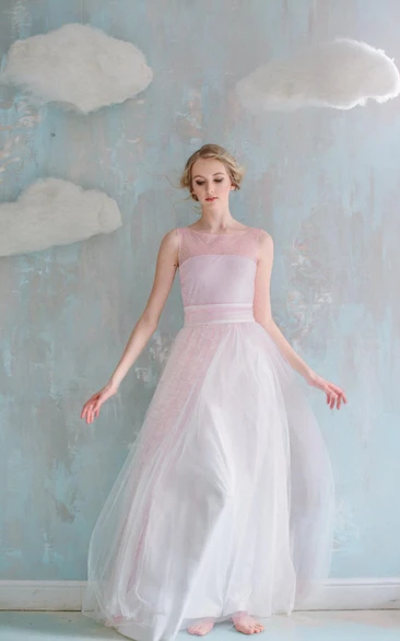 A-Line Maxi Tulle Weddig Dress With Sash Ribbon