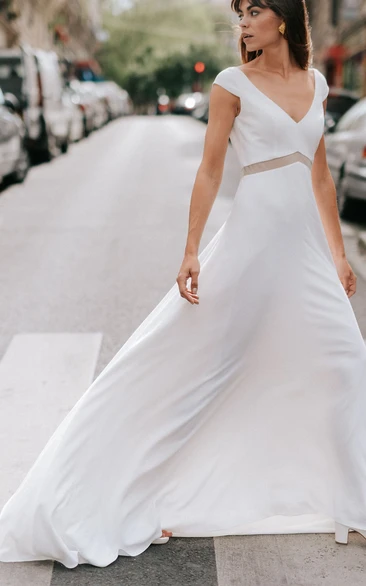 Sexy A-Line V-neck Satin Beach Wedding Dress With Open Back And Short Sleeve