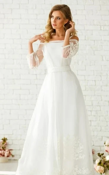 Casual Floor-length 3/4 Length Sleeve Tulle A Line Zipper Wedding Dress with Appliques