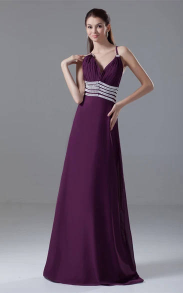 Spaghetti-Strap Chiffon Maxi Dress with Ruching and Gemmed Waist