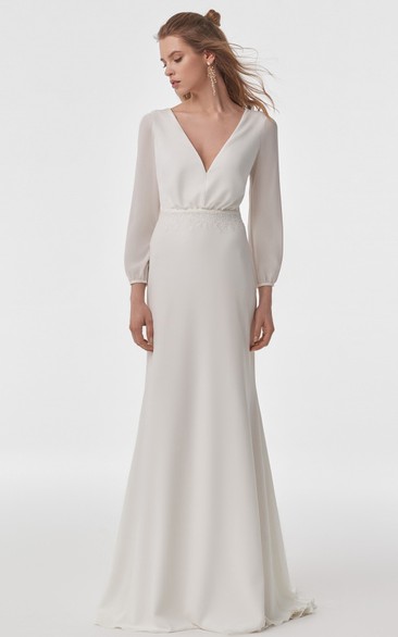 Simple Chiffon V-neck Sheath Long Sleeve Wedding Dress with Lace Cowel Back