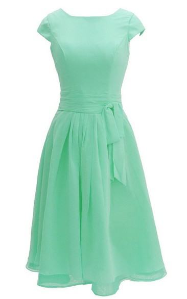 Cap-sleeved Knee-length Chiffon Dress With Ribbon - June Bridals