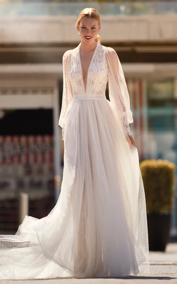 Bohemian A-Line V-neck Tulle Beach Wedding Dress With IllusionAnd Keyhole Back