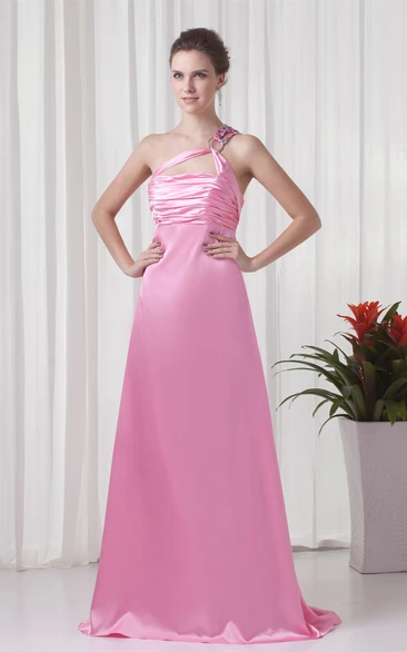 satin sheath floor-length sleeveless dress with brush train and ruching