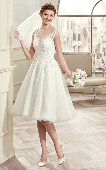 Cap-sleeve Knee-length Wedding Gown with Illusive Design and Lace Bodice