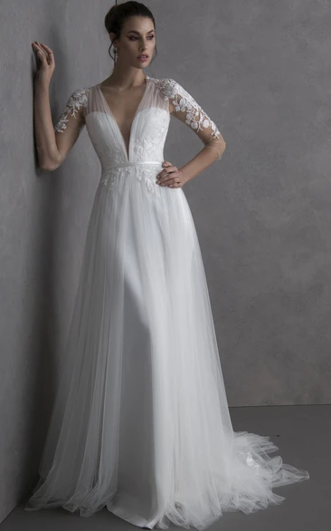 Sexy Plunging Neckline 3/4 Length Sleeve Brush Train Tulle A Line Wedding Dress with Appliques