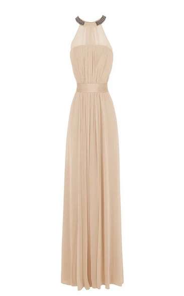 High-neck Long Pleated Gown With Ribbon