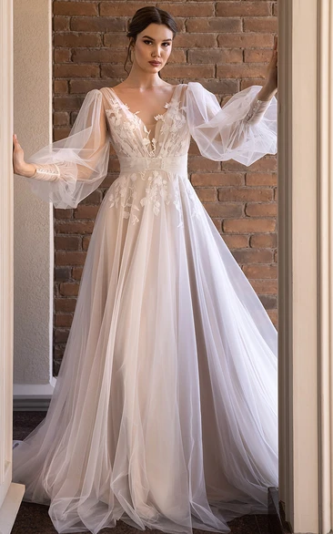 A-Line Casual V-neck Lace Wedding Dress With Deep-V Back And Appliques