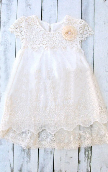 Lace Cap Sleeve Lace&Satin Dress With Flower