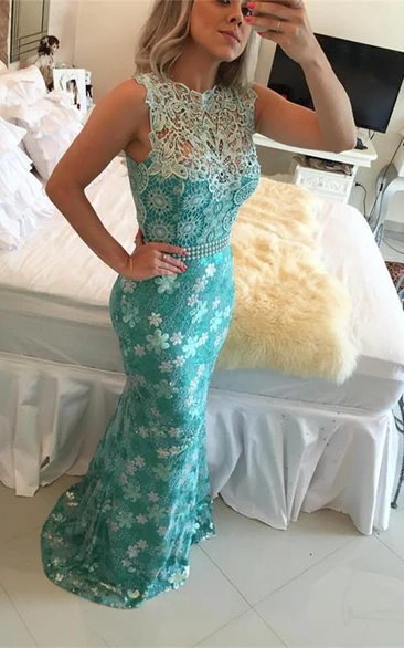 Elegant Sleeveless Lace Pearls Prom Dresses Mermaid Long Party Gown