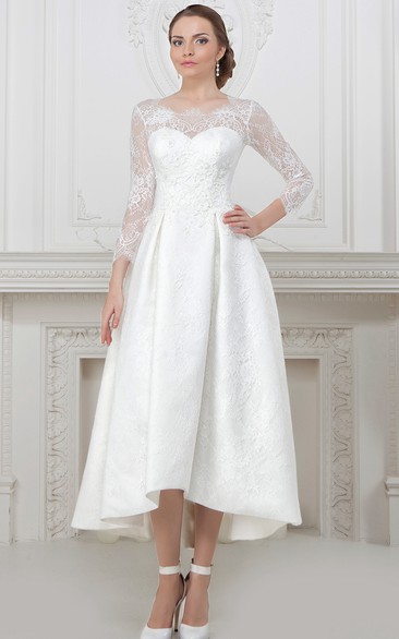 A-Line Long-Sleeve High-Low Scoop-Neck Lace Wedding Dress With Lace Up