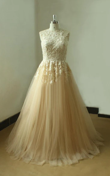 Tulle High Collar Appliqued Wedding Gown With Pleats