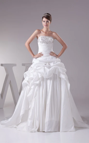 Strapless Pick-Up Pleated Ball Gown with Beading and Appliques