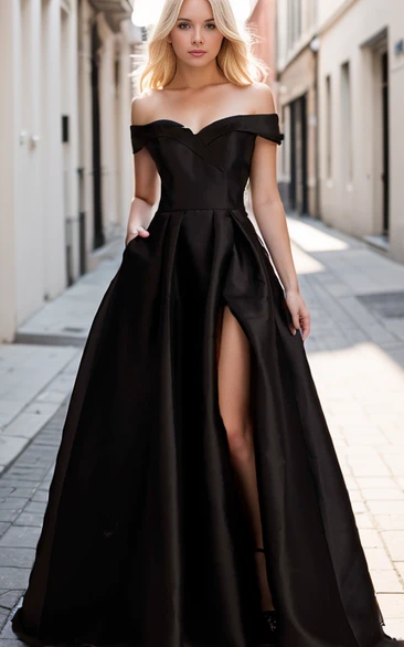 Simple Modest Black A-Line Off-the-Shoulder Long Wedding Dress Casual Gorgeous Satin Evening Party Gown with Slit