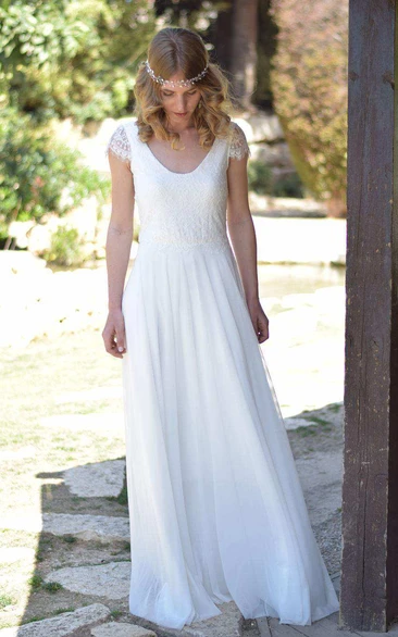 V-Neck Short Sleeve Chiffon Floor-Length Wedding Dress With Lace
